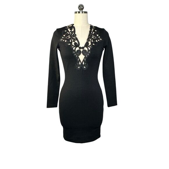 Dress the Population Black Long Sleeve Embroidered Neckline Mini Cocktail Dress| - Picture 1 of 8